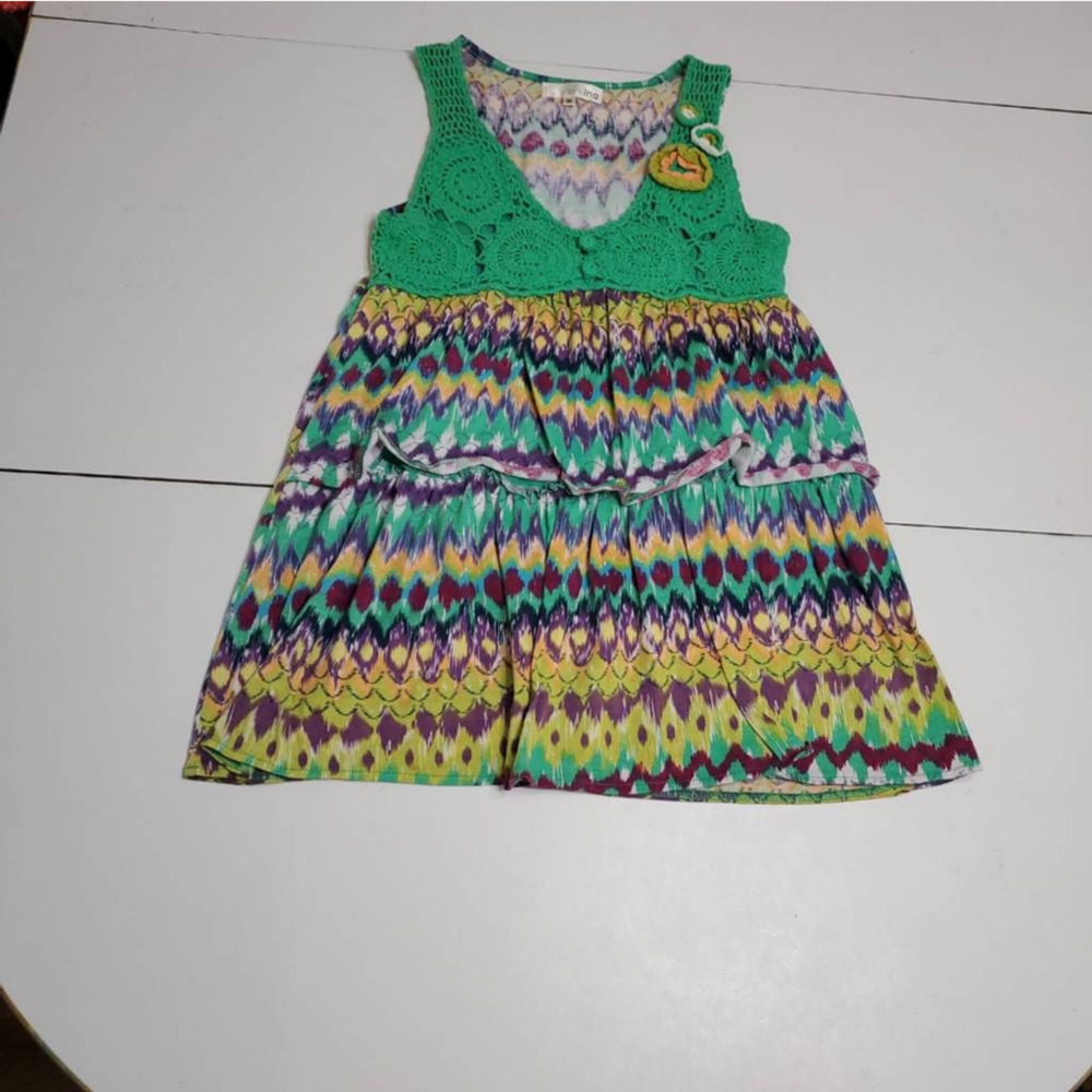 Aniina Womens A Line Top Green Yellow Ikat Stretch V Neck Sleeveless‎ Crochet M